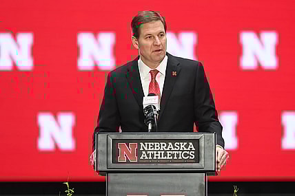Nov 28, 2022; Omaha, Nebraska, US;  Nebraska Cornhuskers athletic director Trev Alberts speaks at the introductory press conference at the Hawks Championship Center on the University of Nebraska-Lincoln campus. Mandatory Credit: Steven Branscombe-USA TODAY Sports