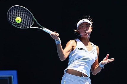 Jan 16, 2023; Melbourne, VICTORIA, Australia; Yue Yuan (China) returns the ball against Maria Sakkari (Greece) (not pictured) at Melbourne Park. Mandatory Credit: Mike Frey-USA TODAY Sports