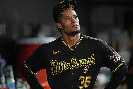 Jun 22, 2023; Miami, Florida, USA;  Pittsburgh Pirates relief pitcher Dauri Moreta (36) looks on after being taken out of the game against the Miami Marlins in the eighth inning at loanDepot Park. Mandatory Credit: Jim Rassol-USA TODAY Sports