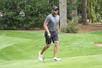 Jul 8, 2023; Hertfordshire, England, GBR; Dean Burmester (ZAF) approaches the 3rd green during the second round of the LIV Golf London golf tournament at Centurion Club. Mandatory Credit: Peter van den Berg-USA TODAY Sports