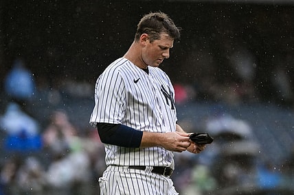 Sep 24, 2023; Bronx, New York, USA; New York Yankees third baseman DJ LeMahieu (26) reacts after the third inning against the Arizona Diamondbacks at Yankee Stadium. Mandatory Credit: John Jones-USA TODAY Sports