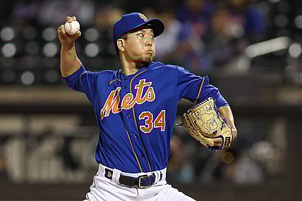 Sep 27, 2023; New York, NY, USA; New York Mets starting pitcher Kodai Senga (34) delivers a pitch during the first inning against the Miami Marlins at Citi Field.  Mandatory Credit: Vincent Carchietta-USA TODAY Sports