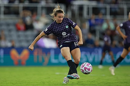Oct 6, 2023; Louisville, Kentucky, USA; Racing Louisville FC defender Julia Lester (15) passes the ball in the second half against the Orlando Pride at Lynn Family Stadium. Mandatory Credit: EM Dash-USA TODAY Sports