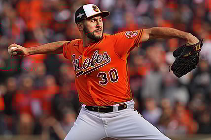 Oct 8, 2023; Baltimore, Maryland, USA; Baltimore Orioles starting pitcher Grayson Rodriguez (30) pitches during the first inning against the Texas Rangers during game two of the ALDS for the 2023 MLB playoffs at Oriole Park at Camden Yards. Mandatory Credit: Mitch Stringer-USA TODAY Sports