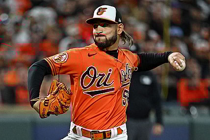 Oct 8, 2023; Baltimore, Maryland, USA; Baltimore Orioles relief pitcher Cionel Perez (58) pitches during the eighth inning against the Texas Rangers during game two of the ALDS for the 2023 MLB playoffs at Oriole Park at Camden Yards. Mandatory Credit: Tommy Gilligan-USA TODAY Sports