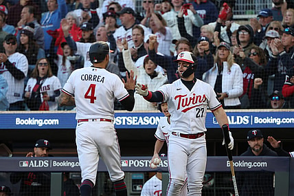 Oct 10, 2023; Minneapolis, Minnesota, USA; Minnesota Twins shortstop Carlos Correa (4) celebrates with catcher Ryan Jeffers (27) after scoring a run in the sixth inning against the Houston Astros during game three of the ALDS for the 2023 MLB playoffs at Target Field. Mandatory Credit: Jesse Johnson-USA TODAY Sports
