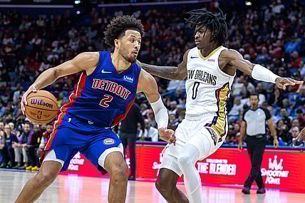 Nov 2, 2023; New Orleans, Louisiana, USA; Detroit Pistons guard Cade Cunningham (2) drives to the basket against New Orleans Pelicans guard Dereon Seabron (0) during the second half at the Smoothie King Center. Mandatory Credit: Stephen Lew-USA TODAY Sports