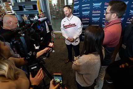 Nov 10, 2023; Cleveland, OH, USA;  Cleveland Guardians manager Stephen Vogt talks to the media during an introductory press conference at Progressive Field. Mandatory Credit: Ken Blaze-USA TODAY Sports