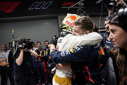 Nov 18, 2023; Las Vegas, Nevada, USA; Red Bull Racing Honda driver Max Verstappen of Netherlands (1) celebrates with his team after winning the Formula 1 Heineken Silver Las Vegas Grand Prix at the Las Vegas Strip Circuit. Mandatory Credit: Lucas Peltier-USA TODAY Sports