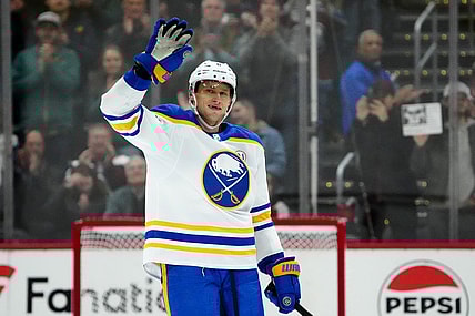 Dec 13, 2023; Denver, Colorado, USA; Buffalo Sabres defenseman Erik Johnson (6) waves to the Colorado Avalanche fans during the first period at Ball Arena. Mandatory Credit: Ron Chenoy-USA TODAY Sports