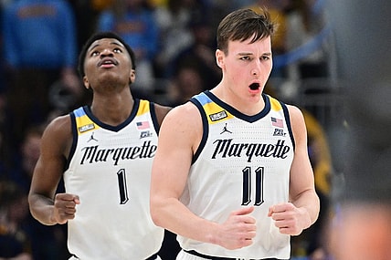 Jan 15, 2024; Milwaukee, Wisconsin, USA; Marquette Golden Eagles guard Tyler Kolek (11) reacts after scoring a basket in the second half against the Villanova Wildcats at Fiserv Forum. Mandatory Credit: Benny Sieu-USA TODAY Sports