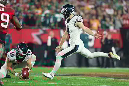 Jan 15, 2024; Tampa, Florida, USA; Philadelphia Eagles place kicker Jake Elliott (4) kicks a field goal against the Tampa Bay Buccaneers during the first half of a 2024 NFC wild card game at Raymond James Stadium. Mandatory Credit: Kim Klement Neitzel-USA TODAY Sports