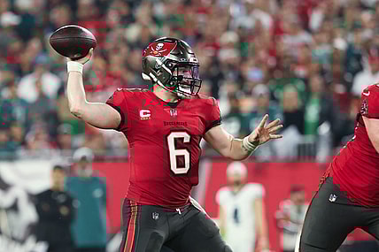 Jan 15, 2024; Tampa, Florida, USA; Tampa Bay Buccaneers quarterback Baker Mayfield (6) throws against the Philadelphia Eagles during the first half of a 2024 NFC wild card game at Raymond James Stadium. Mandatory Credit: Kim Klement Neitzel-USA TODAY Sports