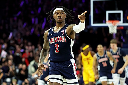 Arizona Wildcats guard Caleb Love (2) celebrates a 3-point basket against the USC Trojans at McKale Center. Mandatory Credit: Zachary BonDurant-USA TODAY Sports