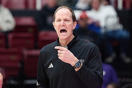 Jan 20, 2024; Stanford, California, USA; Washington Huskies head coach Mike Hopkins reacts during the game against the Stanford Cardinal during the second half at Maples Pavilion. Mandatory Credit: Robert Edwards-USA TODAY Sports