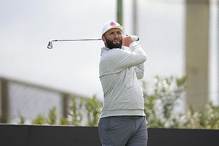 Feb 9, 2024; Las Vegas, Nevada, USA; Jon Rahm plays his shot from the 16th tee during the second round of the LIV Golf Las Vegas tournament at Las Vegas Country Club. Mandatory Credit: Lucas Peltier-USA TODAY Sports
