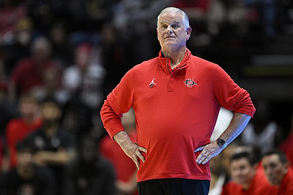 Feb 13, 2024; San Diego, California, USA; San Diego State Aztecs head coach Brian Dutcher looks on during the first half against the Colorado State Rams at Viejas Arena. Mandatory Credit: Orlando Ramirez-USA TODAY Sports