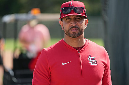 Feb 15, 2024; Jupiter, FL, USA;  St. Louis Cardinals manager Oliver Marmol (37) checks on his team during workouts at spring training. Mandatory Credit: Jim Rassol-USA TODAY Sports