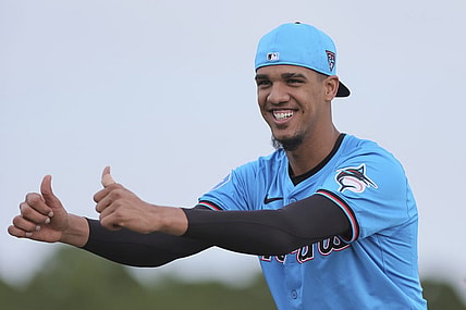 Feb 17, 2024; Jupiter, FL, USA; Miami Marlins starting pitcher Eury Perez (39) reacts during a spring training workout at the Marlins Player Development & Scouting Complex. Mandatory Credit: Sam Navarro-USA TODAY Sports