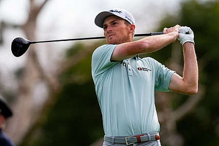 Feb 18, 2024; Pacific Palisades, California, USA; Will  Zalatoris tees off on the sixteenth hole during the final round of The Genesis Invitational golf tournament at Riveria Country Club. Mandatory Credit: Jason Parkhurst-USA TODAY Sports