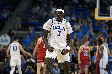 Feb 18, 2024; Los Angeles, California, USA; UCLA Bruins forward Adem Bona (3) reacts against the Utah Utes in the first half at Pauley Pavilion presented by Wescom. Mandatory Credit: Kirby Lee-USA TODAY Sports