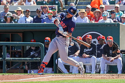 Feb 26, 2024; Lakeland, Florida, USA; Houston Astros designated hitter Jacob Melton (76) bats during the third inning against the Detroit Tigers at Publix Field at Joker Marchant Stadium. Mandatory Credit: Mike Watters-USA TODAY Sports