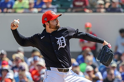 Feb 27, 2024; Lakeland, Florida, USA; Detroit Tigers starting pitcher Casey Mize (12) pitches during the first inning against the Toronto Blue Jays at Publix Field at Joker Marchant Stadium. Mandatory Credit: Mike Watters-USA TODAY Sports