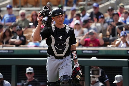 Feb 27, 2024; Phoenix, Arizona, USA; Chicago White Sox catcher Max Stassi (33) looks on against the Los Angeles Dodgers during the first inning at Camelback Ranch-Glendale. Mandatory Credit: Joe Camporeale-USA TODAY Sports