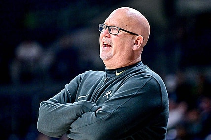 Feb 27, 2024; South Bend, Indiana, USA; Wake Forest Demon Deacons head coach Steve Forbes watches in the first half against the Notre Dame Fighting Irish at the Purcell Pavilion. Mandatory Credit: Matt Cashore-USA TODAY Sports