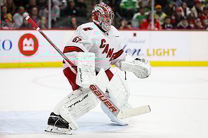 Feb 27, 2024; Saint Paul, Minnesota, USA; Carolina Hurricanes goaltender Pyotr Kochetkov (52) defends his net against the Minnesota Wild during the second period at Xcel Energy Center. Mandatory Credit: Matt Krohn-USA TODAY Sports