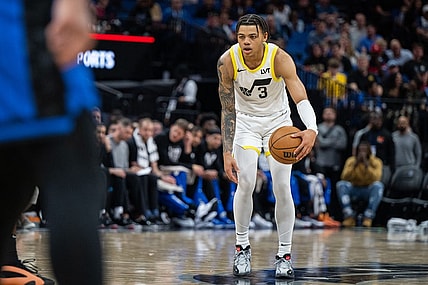 Feb 29, 2024; Orlando, Florida, USA; Utah Jazz guard Keyonte George (3) dribbles the ball against the Orlando Magic in the fourth quarter at Kia Center. Mandatory Credit: Jeremy Reper-USA TODAY Sports
