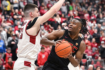 Feb 29, 2024; Pullman, Washington, USA; USC Trojans guard Isaiah Collier (1) shoots the ball againstWashington State Cougars forward Andrej Jakimovski (23) in the second half at Friel Court at Beasley Coliseum. Washington State Cougars won 75-72. Mandatory Credit: James Snook-USA TODAY Sports
