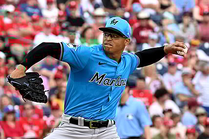 Mar 1, 2024; Clearwater, Florida, USA;  Miami Marlins  pitcher Jesus Luzardo (44) throws a pitch in the first inning of the spring training game against the Philadelphia Phillies at BayCare Ballpark. Mandatory Credit: Jonathan Dyer-USA TODAY Sports