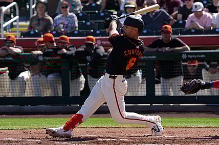 Mar 1, 2024; Scottsdale, Arizona, USA; San Francisco Giants left fielder Michael Conforto (8) bats against the Texas Rangers during the first inning at Scottsdale Stadium. Mandatory Credit: Joe Camporeale-USA TODAY Sports