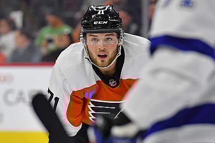 Feb 27, 2024; Philadelphia, Pennsylvania, USA; Philadelphia Flyers right wing Tyson Foerster (71) against the Tampa Bay Lightning at Wells Fargo Center. Mandatory Credit: Eric Hartline-USA TODAY Sports
