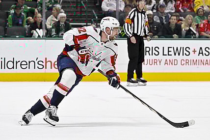 Jan 27, 2024; Dallas, Texas, USA; Washington Capitals center Evgeny Kuznetsov (92) in action during the game between the Dallas Stars and the Washington Capitals at the American Airlines Center. Mandatory Credit: Jerome Miron-USA TODAY Sports