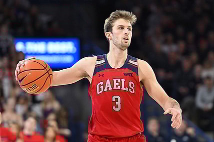 Feb 3, 2024; Spokane, Washington, USA; St. Mary's Gaels guard Augustas Marciulionis (3) controls the ball against the Gonzaga Bulldogs in the second half at McCarthey Athletic Center. Mandatory Credit: James Snook-USA TODAY Sports