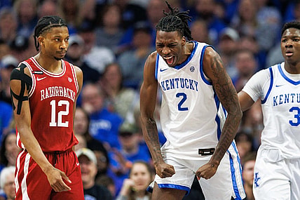 Mar 2, 2024; Lexington, Kentucky, USA; Kentucky Wildcats forward Aaron Bradshaw (2) celebrates after scoring a basket during the first half against the Arkansas Razorbacks at Rupp Arena at Central Bank Center. Mandatory Credit: Jordan Prather-USA TODAY Sports
