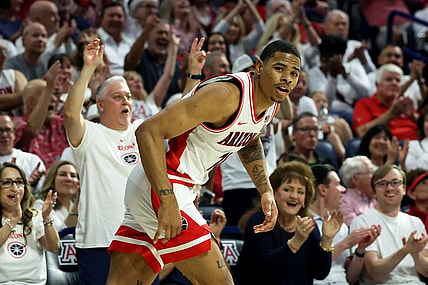 Mar 2, 2024; Tucson, Arizona, USA; Arizona Wildcats forward Keshad Johnson (16) makes a 3-point basket against the Oregon Ducks during the second half at McKale Center. Mandatory Credit: Zachary BonDurant-USA TODAY Sports