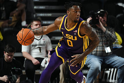 Mar 2, 2024; Nashville, Tennessee, USA; LSU Tigers guard Trae Hannibal (0) moves the ball up the floor after a rebound during the second half against the Vanderbilt Commodores at Memorial Gymnasium. Mandatory Credit: Christopher Hanewinckel-USA TODAY Sports