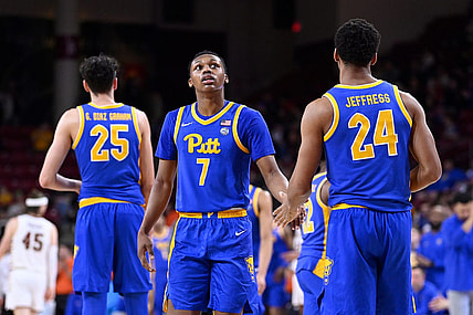 Mar 2, 2024; Chestnut Hill, Massachusetts, USA; Pittsburgh Panthers guard Carlton Carrington (7) and forward William Jeffress (24) react to game action during the second half against the Boston College Eagles at Conte Forum. Mandatory Credit: Eric Canha-USA TODAY Sports