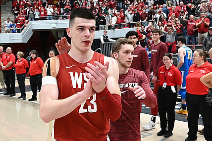 Mar 2, 2024; Pullman, Washington, USA; Washington State Cougars forward Andrej Jakimovski (23) walks off the court after a game against the UCLA Bruins at Friel Court at Beasley Coliseum. Washington State Cougars won 77-65. Mandatory Credit: James Snook-USA TODAY Sports