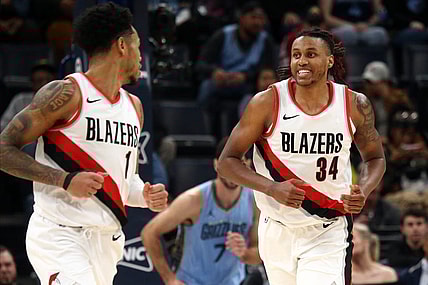 Mar 2, 2024; Memphis, Tennessee, USA; Portland Trail Blazers forward Jabari Walker (34) reacts during over time against the Memphis Grizzlies at FedExForum. Mandatory Credit: Petre Thomas-USA TODAY Sports