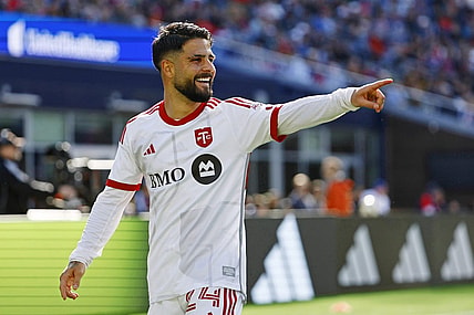Mar 3, 2024; Foxborough, Foxborough, USA; Toronto FC forward Lorenzo Insigne (24) celebrates after scoring a goal against the New England Revolution during the first half at Gillette Stadium. Mandatory Credit: Winslow Townson-USA TODAY Sports