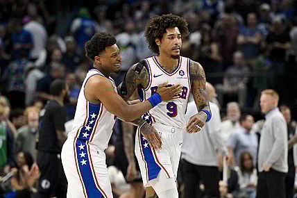 Mar 3, 2024; Dallas, Texas, USA; Philadelphia 76ers guard Kyle Lowry (7) and guard Kelly Oubre Jr. (9) celebrate during the second half against the Dallas Mavericks at the American Airlines Center. Mandatory Credit: Jerome Miron-USA TODAY Sports