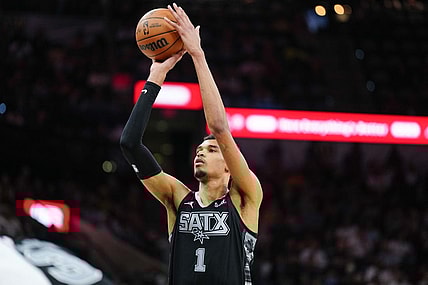 Mar 3, 2024; San Antonio, Texas, USA; San Antonio Spurs center Victor Wembanyama (1) shoots in the second half against the Indiana Pacers at Frost Bank Center. Mandatory Credit: Daniel Dunn-USA TODAY Sports