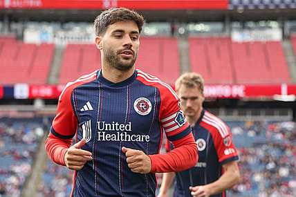Mar 3, 2024; Foxborough, Massachusetts, USA; New England Revolution midfielder Carles Gil (10) warms up before playing against Toronto FC at Gillette Stadium. Mandatory Credit: Paul Rutherford-USA TODAY Sports