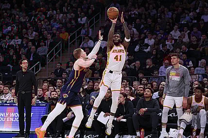 Mar 5, 2024; New York, New York, USA; Atlanta Hawks forward Saddiq Bey (41) shoots against New York Knicks guard Donte DiVincenzo (0) during the first half at Madison Square Garden. Mandatory Credit: Vincent Carchietta-USA TODAY Sports