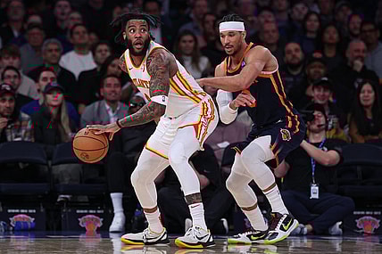 Mar 5, 2024; New York, New York, USA; Atlanta Hawks forward Saddiq Bey (41) dribbles against New York Knicks guard Josh Hart (3) during the second half at Madison Square Garden. Mandatory Credit: Vincent Carchietta-USA TODAY Sports