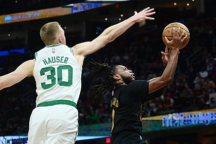 Mar 5, 2024; Cleveland, Ohio, USA; Cleveland Cavaliers guard Darius Garland (10) drives to the basket against Boston Celtics forward Sam Hauser (30) during the second half at Rocket Mortgage FieldHouse. Mandatory Credit: Ken Blaze-USA TODAY Sports